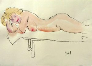 Model lying on a bench on her front -blond hair by Noël O´Callaghan, Watercolour and Graphite