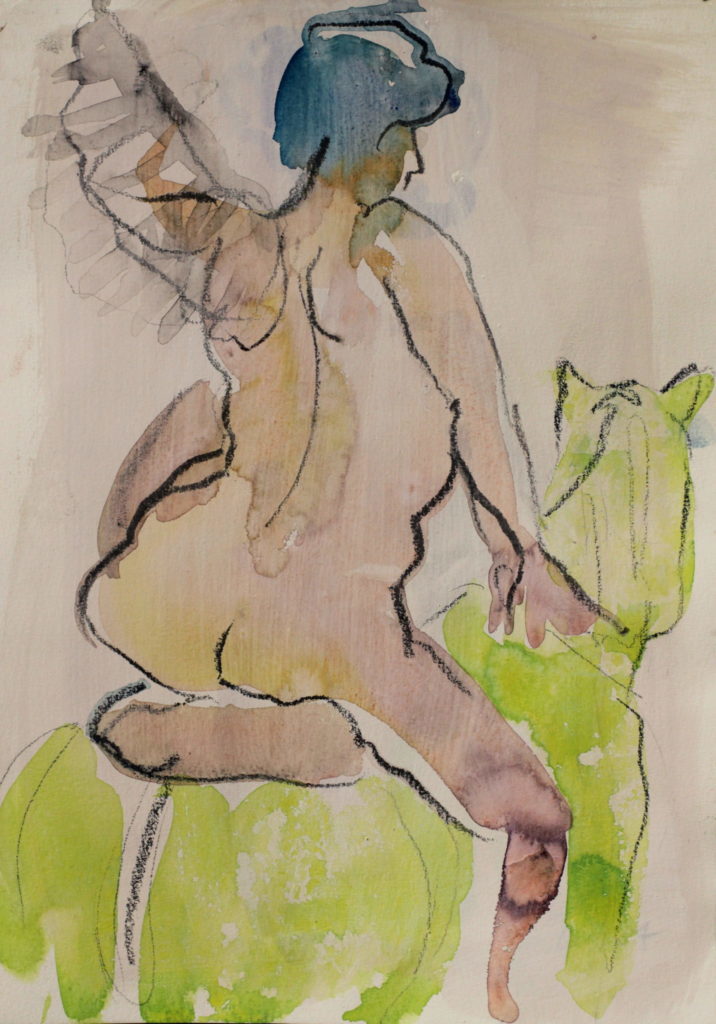 This work came about during the lock-down. As all life-drawing sessions were suspended, I began sorting through my recent drawings, rejecting some and enlarging on others – I let the poses suggest something. In this 3-minute pose the model is sitting on a stool with her left leg and arm upraised. I find stool poses uninspiring and felt that the energy of the gesture spoke of something more dramatic. First the horse appeared to me…maybe Lady Godiva? Then the wing…Pegasus, perhaps? As the title came to me, I realised the work could also be a metaphor for the precarious life of the artist. In my interpretation, the rider/sprite, naked and vulnerable, with the fragility of only one wing, is borne along astride the Green Mare of the imagination.